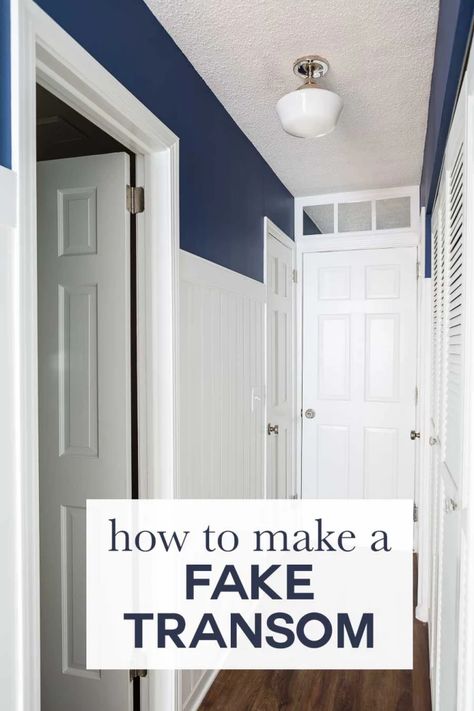 How to make a fake transom above a door or window using mirror tiles. Repurposing ideas for DIY home decorating. Mirror Next To Window, Hallway Refresh, Window Above Door, Solid Oak Bedroom Furniture, Blue Hallway, Repurposing Ideas, Fake Window, Craftsman Door, Oak Bedroom Furniture