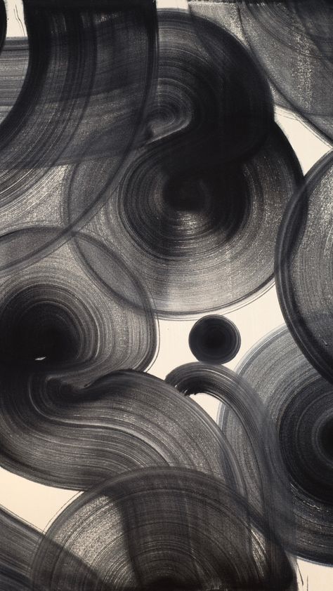 The texture of the brushwork is apparent in this abstract painting depicting flowing, curved lines and circles. Monochromatic Painting, Gesso On Canvas, Monochromatic Art, Minimal Painting, Abstract Black And White, Black And White Painting, Art Buyer, Black And White Abstract, Black Abstract