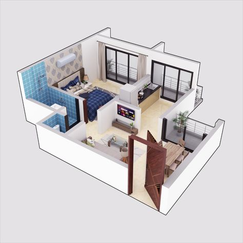 Architectural 3D Floor Plan of 1 BHK and 2 BHK apartment in Maya. Rendering and done in V-ray. 2 Bhk House Plan India, 1bhk Flat Plan, 1 Bhk Plan Layout, 1bhk Flat Interior Design, Bedroom Layout Design, Flat Plan, Flat Interior Design, 3d Floor Plan, Bedroom Layout