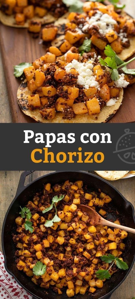 Papas con Chorizo combines the bold flavors of Mexican sausage with tender potatoes in a versatile and simple recipe that can be served for breakfast, lunch or dinner! A staple of Mexican cuisine, this 3-ingredients dish can be ready in 30 minutes! Potatoes Breakfast, Mexican Sausage, Mexican Potatoes, Breakfast Tacos Recipe, Chorizo And Potato, Fancy Dinner Recipes, Lemon Blossoms, Healthy Breakfast Recipes Easy, Mexican Food Recipes Easy