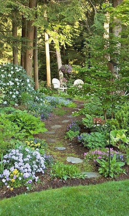 Wooded Backyard, Small Cottage Garden Ideas, Hilltop House, Shade Garden Design, Backyard Landscape, Magic Garden, Stone Path, Have Inspiration, Forest Garden