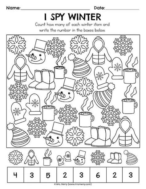 I Spy Winter Free Printable Worksheet | Mrs. Merry I Spy Kindergarten Free Printable, Blank Christmas Card Template, I Spy Winter Free Printable, Math Winter Activities Preschool, New Years Worksheets For Kids, Winter Worksheets For Preschool, Winter Activity Sheets, Winter Worksheets For Kindergarten, Winter Worksheets For Kids