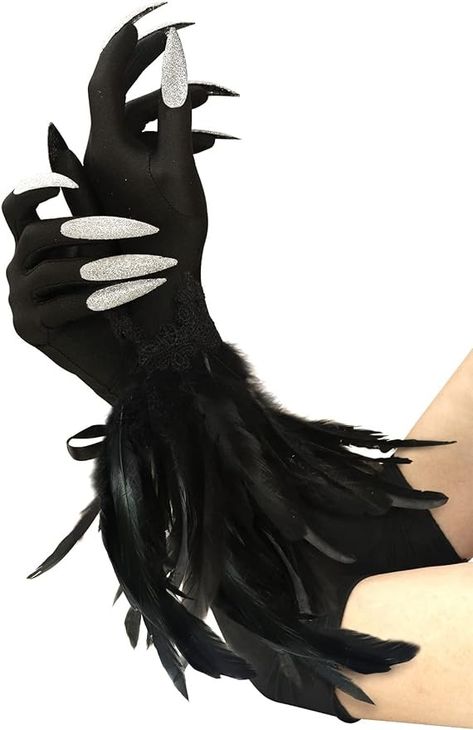 Amazon.com: JEGERMIG Halloween Long Nail Gloves Witch Black Feather Cuffs Gloves Cosplay with Demon Accessories : Clothing, Shoes & Jewelry Harpy Costume, Shiny Accessories, Plastic Nails, Nail Gloves, Crow Costume, Feather Cuffs, Carnival Parties, Paw Gloves, Feather Cuff