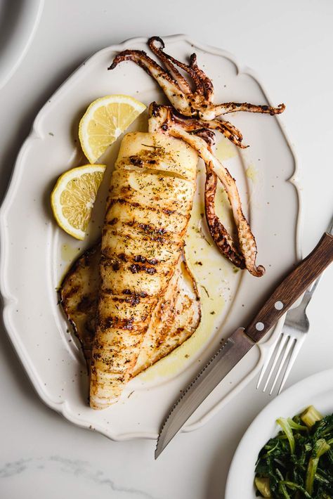 Cooked Fish Aesthetic, Whole Grilled Fish, Bbq Squid, Cooking Squid, Grill Seafood, Grilled Calamari, Seafood Grill, Bbq Seafood, Calamari Recipes