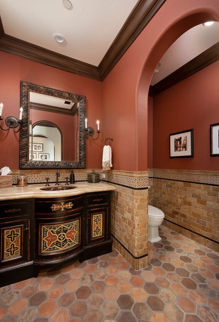 Spanish Colonial Residence - Mediterranean - Powder Room - San Diego - by LIVESAY-GRUMET & ASSOCIATES LLC | Houzz Mediterranean Powder Room Ideas, Spanish Colonial Bathroom, Hacienda Bathroom, Spanish Bathroom, Half Bath Remodel, Powder Room Remodel, Pool Bathroom, Dark Wood Cabinets, Powder Room Decor