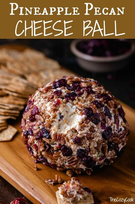 This sweet and savory Pineapple Pecan Cheese Ball has an unbeatable flavor combination that includes pineapple, pecans, bacon, two cheeses, and more! It’s ready in minutes, can be made ahead of time, and can even be baked! | The Cozy Cook | #Appetizer #Cheeseball Cranberry Pecan Cheese Ball, Pecan Cheese Ball, Cheese Ball Recipes Easy, Cranberry Cheese, Decorações Com Comidas, Herb Cheese, Ball Recipes, Cheese Ball Recipes, Cheese Balls