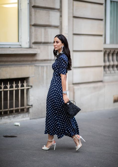 Navy polka dots look great with feminine white heels. Navy Polka Dot Dress Outfit, White Polka Dot Dress Outfit, Dot Dress Outfit, Polka Dot Dress Outfit, Fall Dress Trends, Navy Blue Polka Dot Dress, Dots Outfit, Navy Polka Dot Dress, Dress And Sneakers Outfit