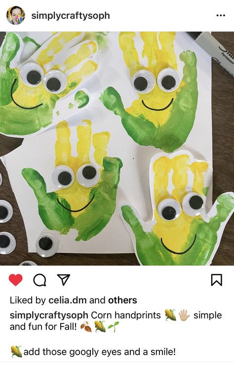 Corn Handprint Craft, Vegetable Handprint Crafts, Handprint Vegetables, Harvest Toddler Crafts, Corn Art For Toddlers, Fall Animal Crafts For Toddlers, Food Handprint Art, Cornucopia Crafts For Toddlers, Candy Corn Handprint