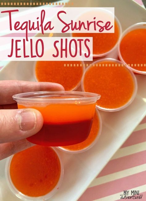 Tequila Sunrise Shots, Orange Jello Shots Tequila, Jello Shots With Tequila, Shots With Tequila, Jello Shots Tequila, Orange Jello Shots, Tequila Jello Shots, Peach Jello Shots, Strawberry Margarita Jello Shots