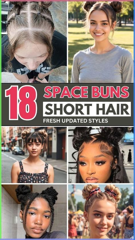 How to Do Space Buns on All Hair Lengths Space Buns On Short Hair, Space Buns For Short Hair, Buns Short Hair, Space Buns Short Hair, Low Space Buns, Buns For Short Hair, Space Bun Hairstyles, Braided Space Buns, Short Locks