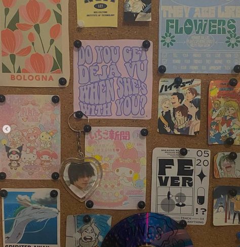 cred @ seesawla on instagram tags - anime kpop desk decor pin board brown aesthetic indie kid kidcore saturation fever enhyphen olivia rodrigo deja vu posters room decor wall prints anime haikyuu manga minimalist anime posters movie posters nct kpop bts seventeen sanrio hello kitty my melody kuromi Pinboard Wall Ideas, Cork Pin Board Aesthetic, Cool Cork Board Ideas, Cork Pin Board Ideas, Anime Cork Board Ideas, Pinboard Decor Ideas, Cork Board Room Decor, Pin Wall Board, Cork Board Decoration