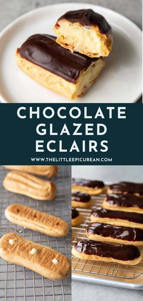 Easy to make homemade chocolate eclairs. These delightful pate a choux based French pastries are baked until light and hallow. Then, filled with luscious vanilla pastry cream before being dipped in dark chocolate glaze. #ChocolateGlazedEclairs Authentic Eclair Recipe, Chocolate Glaze For Cream Puffs, Choux Pastry Eclair, Eclairs Recipe Easy, Eclair Glaze Recipes, Homemade Eclairs Recipes, French Eclairs Recipe, Mini Eclairs Recipe, Chocolate Eclairs Recipe Easy