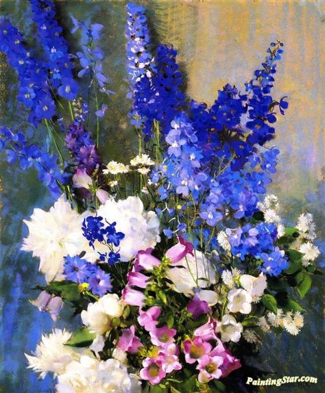 Larkspur, Peonies And Canterbury Bells Artwork by Laura Coombs Hills Hand-painted and Art Prints on canvas for sale,you can custom the size and frame Canterbury Bells, Flowers In Vase, Flowers In A Vase, Delphinium, Pastel Art, Pastel Painting, Canterbury, Museum Of Fine Arts, Still Life Painting