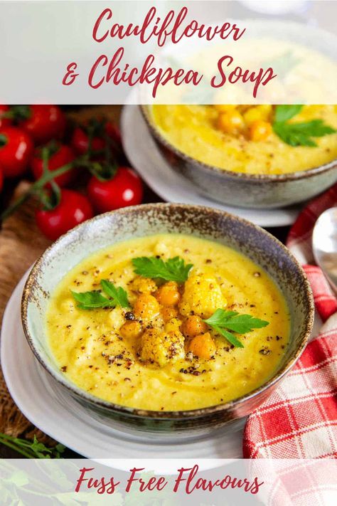 Cauliflower & Chickpea Soup Cauliflower Chickpea Soup, Soup Instapot, Cauliflower Chickpea, How To Make Cauliflower, Vegetable Stock Cubes, Easy Meals For Two, Chickpea Soup, Cauliflower Curry, Broccoli Soup