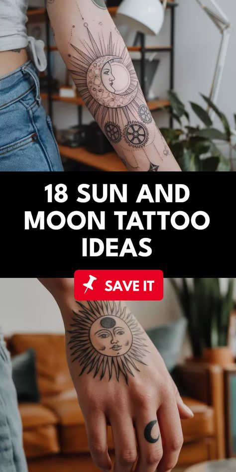 Discover 18 engaging sun and moon tattoo ideas showcasing stunning designs like bold statement pieces and delicate line work. The pin features two images of different tattoo styles that highlight unique tattoo artistry. Unique Sun And Moon Tattoo, Sun And Moon Tattoo Ideas, Moon Tattoo Ideas, Sun And Moon Tattoo, Moon Silhouette, Bold Statements, Line Work, Moon Tattoo, Sun And Moon