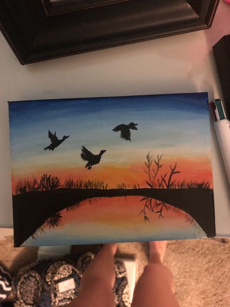 Duck Hunting Painting Canvas, Easy Hunting Paintings, Canvas Painting Western, Simple Country Painting Ideas, Painting Ideas For Brother, Simple Duck Painting, Country Painting Ideas Easy, Hunting Painting Easy, Hunting Painting Ideas