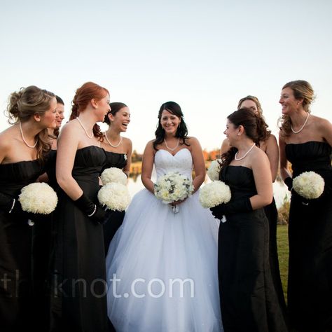 The bridesmaids wore formal black dresses with black gloves and pearls. Black Dress With Gloves, Free Wedding Website, White Bouquets, Black Bridesmaid, Bouquet Inspiration, Black Bridesmaids, Bridesmaid Bouquets, Black Dress Formal, Black Bridesmaid Dresses