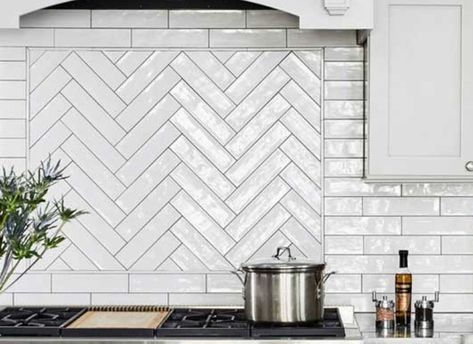 Herringbone Wall Tile Kitchen, Subway Tile Kitchen Herringbone, White Subway Tile Herringbone, Herringbone Subway Tile Backsplash, White Subway Tiles Kitchen Backsplash, Herringbone Wall Tile, Subway Tile Herringbone, 2nd Kitchen, Handmade Tile Backsplash