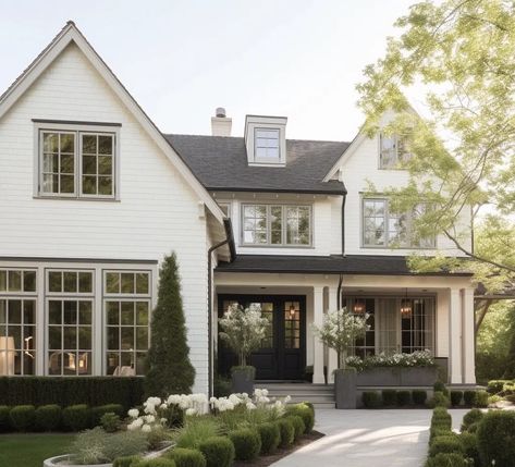 White Wood Cottage Exterior, Neutral Color House Exterior, White Home Outside, White House Tan Windows, Traditional Modern House Exterior, Off White Home Exterior, All White Exterior House, Roof Lines Design, Home Exterior Aesthetic