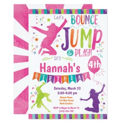 Jump Bounce House Trampoline Birthday Invitation - girl gifts special unique diy gift idea Trampoline Party Invitations, Party Bounce House, Trampoline Birthday Invitations, Jump Party Invitations, Double Birthday Parties, Trampoline Party, Jump Party, Free Thank You Cards, Trampolines