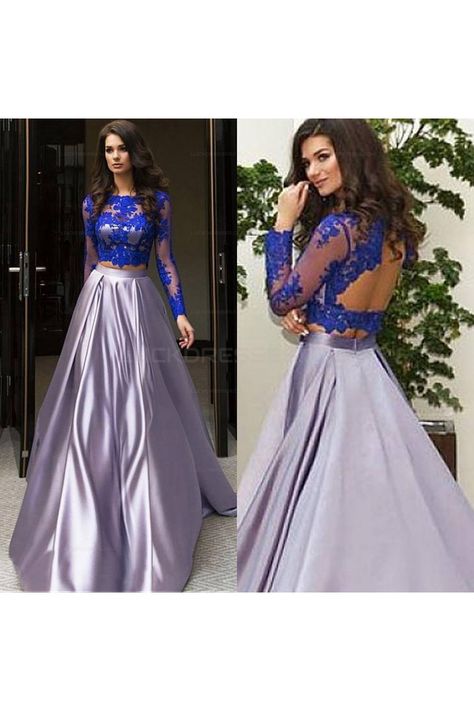 Grey Satin Skirt, Prom Dresses Long Sleeves, Two Piece Formal Dresses, Two Piece Evening Dresses, Dress Two Pieces, 2 Piece Prom Dress, Royal Blue Top, Dresses Long Sleeves, Two Piece Prom