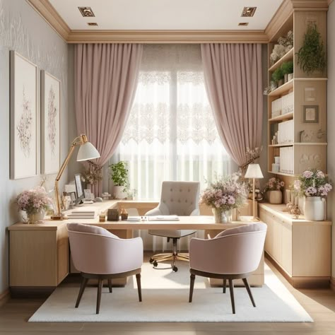 Pink And Beige Office, Soft Pink Office, Romantic Office Style, Office Cabin Design Interior Modern, Pale Pink Office, Rose Gold Home Office, Girly Office Ideas, Office Color Ideas, Feminine Home Office Classy