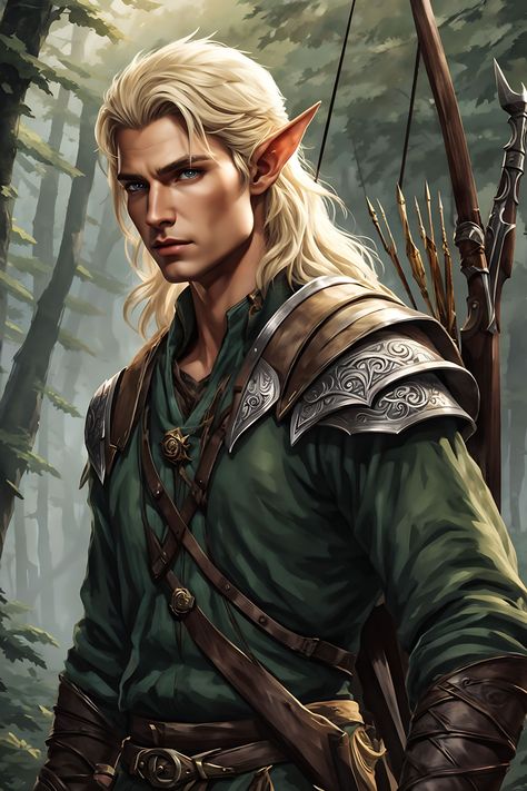 A wood elf ranger. He is slightly turned to the side. Blonde and strong.  Masculine jaw line. Full body. Holding a longbow, Mysterious, Mysterious, Mysterious... Elf Ranger Male, Male Wood Elf, Fantasy Elf Male, Wood Elf Male, Wood Elf Ranger, Ranger Rpg, Drow Male, Ranger Dnd, Rogue Character