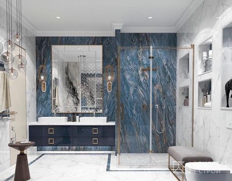 Blue Marble Interior Design, Blue Marble Countertops, Bathroom Marble Floor, Modern Bathroom Design Tile, Blue Marble Bathroom, Bathroom Colour Schemes, Modern Marble Bathroom, White Marble Bathroom, Bathroom Colour