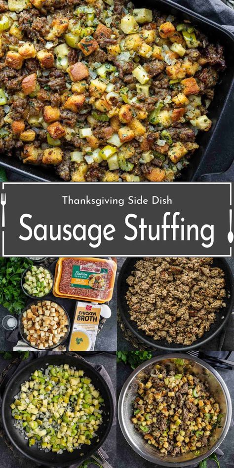 This deliciously savory apple sausage stuffing combines juicy apples, savory sausage, fresh herbs, and toasted bread for the ultimate holiday side dish! Perfect as a Thanksgiving side dish, Christmas side dish, or any cozy family dinner. Make your meal unforgettable with this easy, flavor-packed apple sausage stuffing! Impress your guests with a Thanksgiving stuffing recipe that’s both simple and unforgettable! Italian Sausage Stuffing Thanksgiving, Stuffing Recipes Apple, Stuffing With Sausage Recipes, Side Dish Christmas, Thanksgiving Stuffing Muffins, Sausage Stuffing Recipe Thanksgiving, Sausage Apple Stuffing, Sausage Stuffing Thanksgiving, Apple Sausage Stuffing