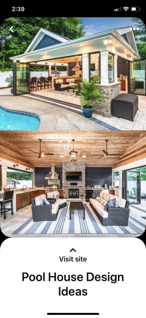 Backyard Pool House Cabanas, Lake House Pools, Pool House Ideas With Bar, Pool House With Bathroom Layout, Backyard Cabana Ideas Diy Pool Houses, Pool With Kitchen Area, Pool House With Loft Bedroom, Lake House Pool, Pool House Lighting