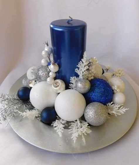 Navy Blue Christmas Centerpieces, Blue Sliver White Christmas Decor Diy, Blue And White Christmas Centerpieces, Blue Christmas Table Centerpieces, Blue White And Silver Christmas Decor, Diy Blue Christmas Decorations, Blue Silver White Christmas Decor, Blue Christmas Centerpieces For Table, Blue Silver Christmas Decorations