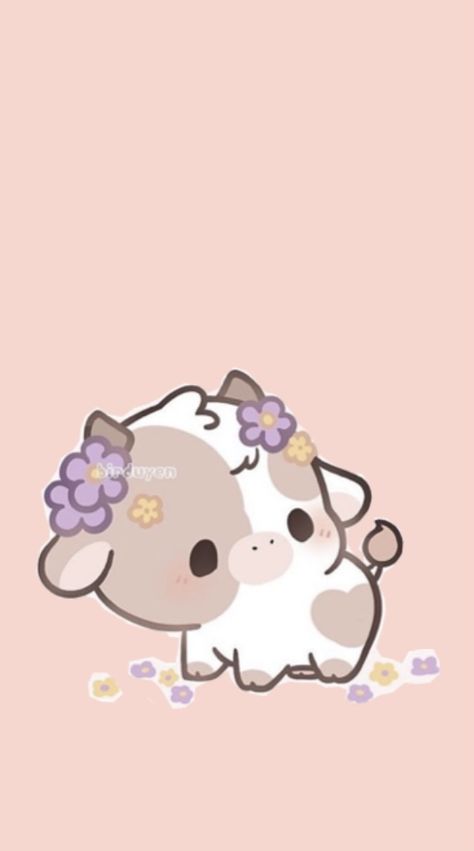 Cute Cartoon Drawings Wallpaper, Cute Cows Cartoon, Aesthetic Cow Drawing, Cute Cow Wallpaper Aesthetic, Kawaii Cow Drawing, Fluffy Cow Drawing, Cute Cow Wallpaper, Chibi Cow, Cute Cow Drawing