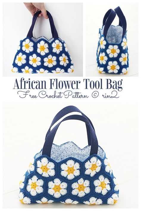 African Flower Bag Free Crochet Patterns & Paid - DIY Magazine Fall Crochet Hats, Crochet African Flowers, Womens Crochet Patterns, Crochet Bag Pattern Free, Bag Pattern Free, African Flowers, Crochet Hexagon, Crochet Things, Crochet Purse Patterns