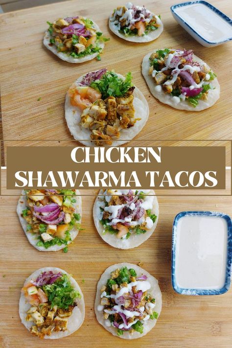 Chicken Shawarma Tacos is a Middle Eastern-inspired taco recipe that contains spiced baked chicken, onion, parsley, and tomatoes and drizzled with tahini sauce in tortilla bread. Tahini Chicken, Ground Chicken Tacos, Tortilla Bread, Chicken Tacos Crockpot, Low Carb Chicken Recipes, Taco Recipe, Air Fryer Recipes Chicken, Dinner With Ground Beef, Chicken Shawarma