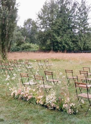 This Garden Chic Wedding Was Held At A Mountain Base Garden Chic Wedding Ceremony, Fall Meadow Wedding, Meadow Garden Wedding, Flowers In Ground Wedding Aisle, Coastal Cottage Wedding, Mountain Meadow Wedding, Aisle Meadow Flowers, Wildflower Meadow Wedding, Floral Meadow Wedding