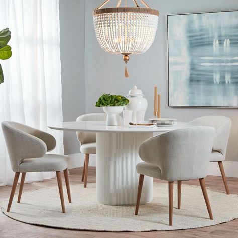 I love the curved profile of the Hazel Dining Chair! ✨❤ #indoor #indoorfurniture #furniture #diningroom #dining #diningchair #chair #home #homedecor Natural Dining Chairs, Round Wooden Dining Table, Timber Dining Table, White Dining Table, Round Table Top, Wooden Dining Tables, Upholstered Seating, Upholstered Dining Chairs, Entertaining Guests