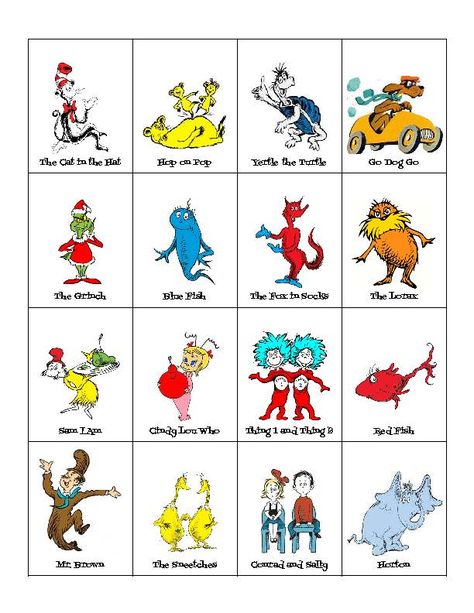 Dr. Seuss Character Bingo Character Bingo, April Writing Prompts, Work Event Ideas, April Writing, Halloween Stem Activities, Birthday Bingo, Dr Seuss Characters, Halloween Counting, Halloween Math Activities