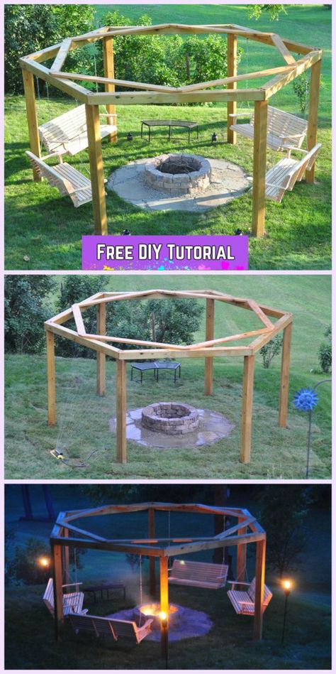 DIY Pergola Firepit Swings Tutorial Diy Fire Pit Ideas, Fire Pit Decor, Pergola Diy, Small Fire Pit, Fire Pit Lighting, Modern Fire Pit, Fire Pit Furniture, Fire Pit Seating, Pergola Design