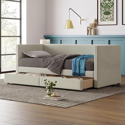 Amazon.com: SIYSNKSI Elegant Design Twin Size Upholstered Daybed with 2 Storage Drawers, Corduroy Fabric Sofa Bed Frame with Wood Slat Support for Bedroom Guest Room Living Room (Beige+ Corduroy-Q66) : Home & Kitchen Upholstered Sofa Bed, Sofa Bed Frame, Daybed With Drawers, Box Springs, Wood Daybed, Daybed With Storage, Upholstered Daybed, Daybed Sofa, Kids' Bed