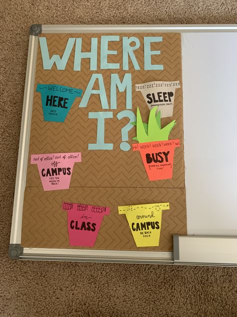 I made this RA board for me next year! Where Is My Ra Board, Where Is Your Ra Board, Where Is Your Ra Door Sign, Ra In And Out Board, Ra Personal Board, Ra Birthday Wall, Cow Door Decs, College Dorm Hall Themes, Where Am I Ra Board