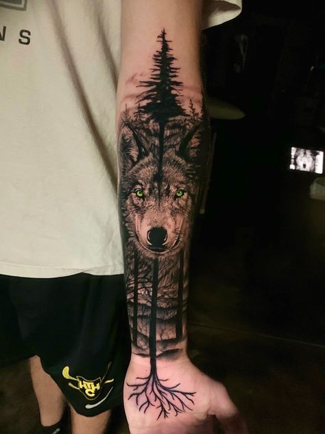 Woods Tattoo, Wolf In The Woods, Leg Band Tattoos, Forearm Cover Up Tattoos, Holy Spirit Tattoo, Wood Tattoo, Half Sleeve Tattoos Forearm, Hope Tattoo, Wolf Tattoos Men