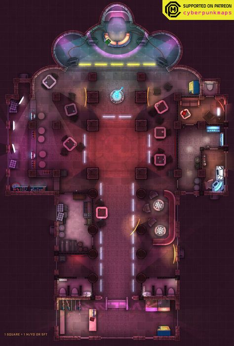 Dnd Club Map, Modern Dnd Maps, Cyberpunk Dnd, Cyberpunk Club, Cyberpunk World Building, Night Club Battle Map, Starfinder Maps, Cyberpunk Nightclub, Sci Fi Map