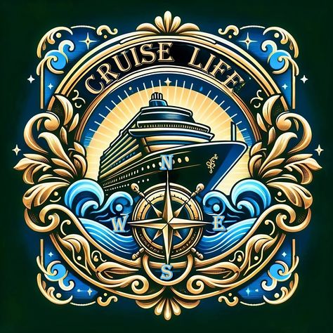 CRUISE LIFE: Mariner's Emblem Available on a variety of merchandise. Link in BIO, or use this: https://rdbl.co/3OPmcw9 This beautifully detailed emblem represents the theme of "CRUISE LIFE." The central feature is an imposing cruise ship, depicted in front of radiant sunbeams that create a sense of grandeur and excitement associated with cruise travel. The boat is moving forward, symbolizing adventure and exploration on the high seas. Surrounding the ship is a circular frame with ornate ... North East South West, Dolphin Images, Cruise Life, Cardinal Directions, Travel Cruise, Circular Logo, Circular Frame, Ocean Party, Ship Artwork