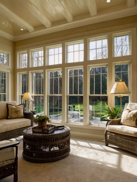 10 Sunroom Windows Ideas: Modern and Traditional Designs - Homezillo Kitchen To Sunroom Transition, Sunroom Floor Plan, Windows Ideas Modern, French Sunroom, Sunroom Bedroom Ideas, Sunroom Dining Room Ideas, Combined Laundry And Bathroom, Sunroom Library, Sunroom Dining Room