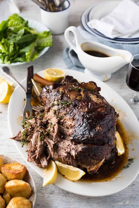 Loaded with Greek flavours, Greek leg of lamb is fork tender, moist and infused with extra flavour. And it's easy - easier than traditional lamb roast! Slow Cook Lamb, Cook Lamb, Slow Roast Lamb, Roast Lamb Leg, Lamb Recipe, Roast Lamb, Lamb Leg, Leg Of Lamb, Slow Cooked Lamb