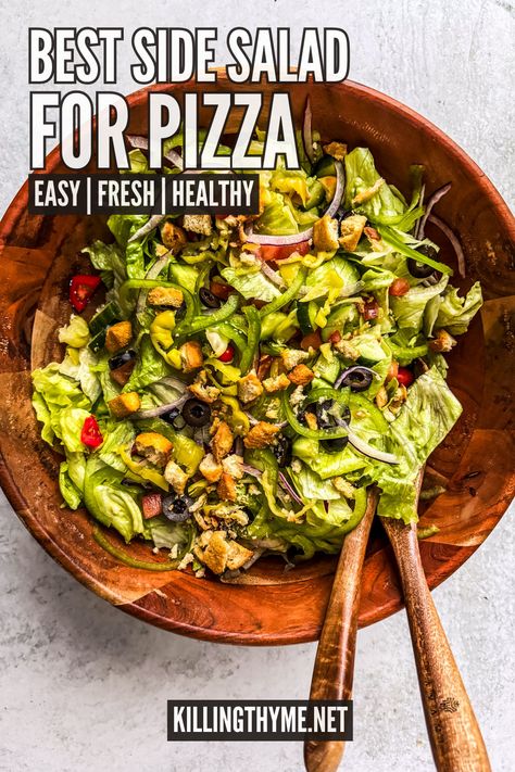 Best Side Salad for Pizza #sidesalad #pizzanight #pepperoncini #healthy #salads Salad Recipes With Pizza, Best Salads To Go With Pizza, Vegan Pizza Salad, Salad With Pizza Side, Salad That Goes With Pizza, Salad To Serve With Pizza, Salads With Pizza, Best Salad With Pizza, Salads That Go With Pizza