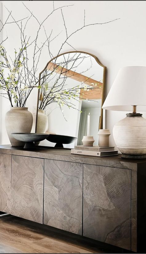 Dining Room Credenza Ideas, Mirror Above Buffet Table, Dinning Room Buffet Decorations Ideas, Dining Room Console Decor, Styling A Credenza, Office Credenza Decor, Front Entrance Table Decor, Entrance Table Ideas, Front Entrance Table