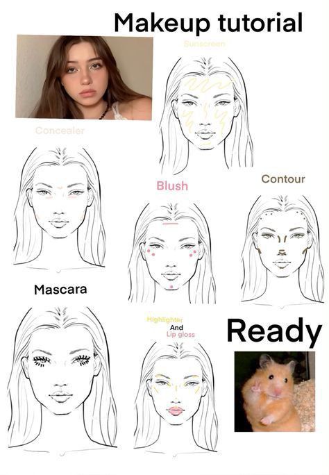 Makeup Tutorial Step By Step Picture, Makeup Looks Natural Step By Step, Makeup Routine Guide, Makeup Layout, Makeup Charts, Make Up Natural, Makeup Order, Makeup Drawing, Simple Makeup Tips