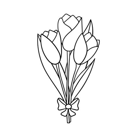 A bouquet of tulips with leaves and a bow. Decorative element for Valentine's Day. A simple outline design object is drawn by hand and isolated on white. Doodle style.Black white vector illustration Tulip Bouquet Drawing, Bouquet Drawing, Flower Bouquet Drawing, Bouquet Of Tulips, Tulip Drawing, White Doodle, Outline Design, Design Object, Flower Stock