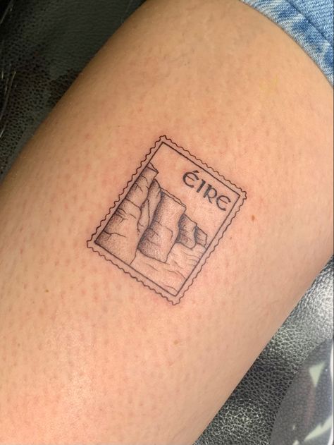 Tattoos In Irish, Ireland Postage Stamp Tattoo, Irish Post Stamp Tattoo, Tattoos For Ireland, Irish Themed Tattoos, Erin Go Bragh Tattoo, Ireland Travel Tattoo, Ireland Outline Tattoo, Scotland Stamp Tattoo